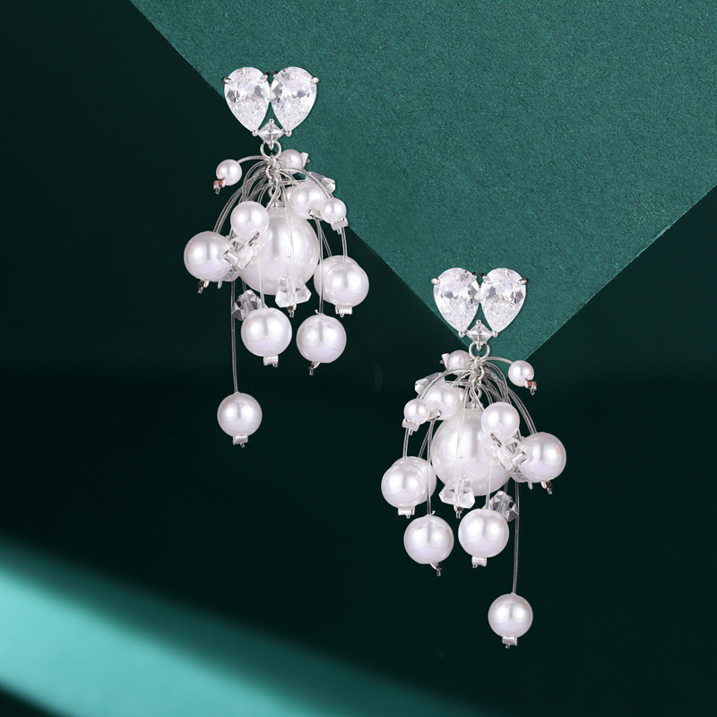 时尚气质韩系精致耳饰简约高级爱心锆石耳钉s925银针珍珠流苏耳环