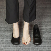 黑色工作鞋女软底舒适上班粗跟单鞋宽头一脚蹬空姐职业平底小皮鞋