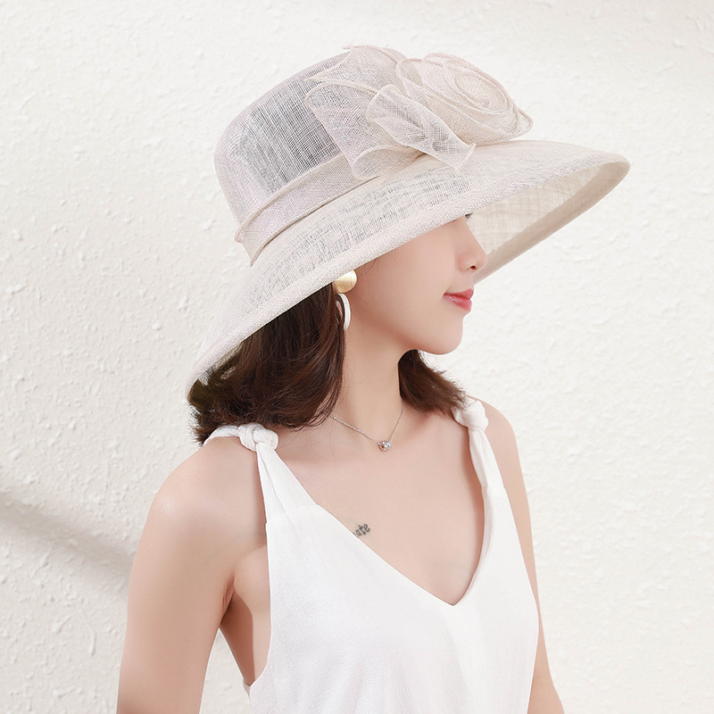 荣美工厂复古菲律宾麻纱帽子女夏季玫瑰花朵遮阳大帽檐女宴会帽子