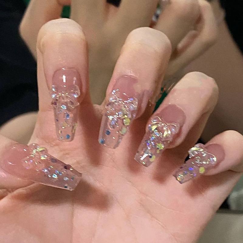 手工穿戴甲订作激光蝴蝶结亮片碎钻法式美甲甲片新款美甲甲片跨境