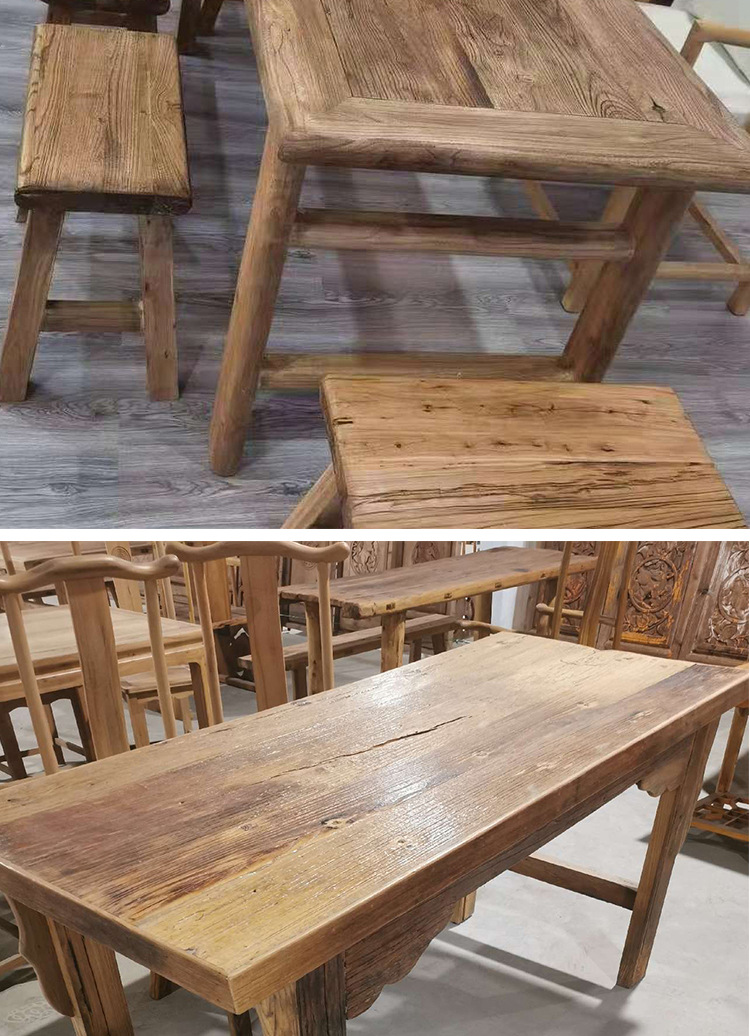 厂家批发定制老榆木火锅桌商用家用火锅圆桌方桌风化木门板桌