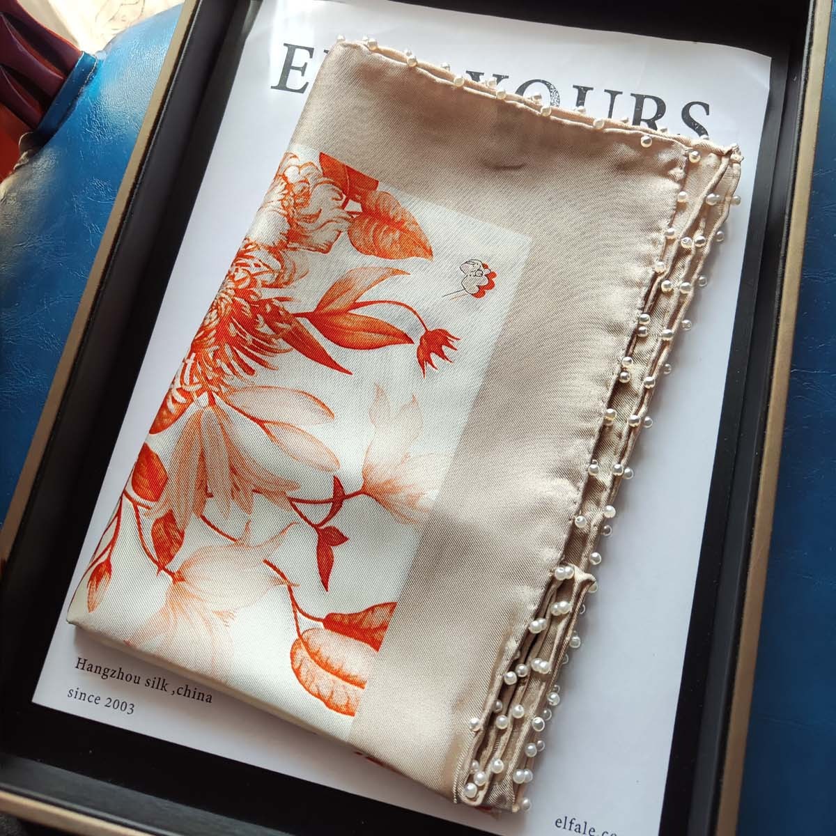 手工定珠特别款珍珠边斜纹绸双面印染桑蚕丝方巾春季搭配-阿里巴巴