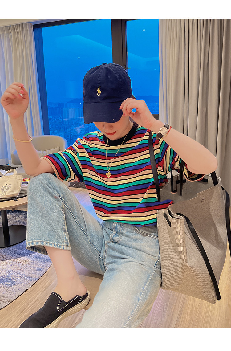 莉贝琳t恤夏季新款减龄韩版宽松q棉圆领显瘦彩色条纹短袖t上衣女