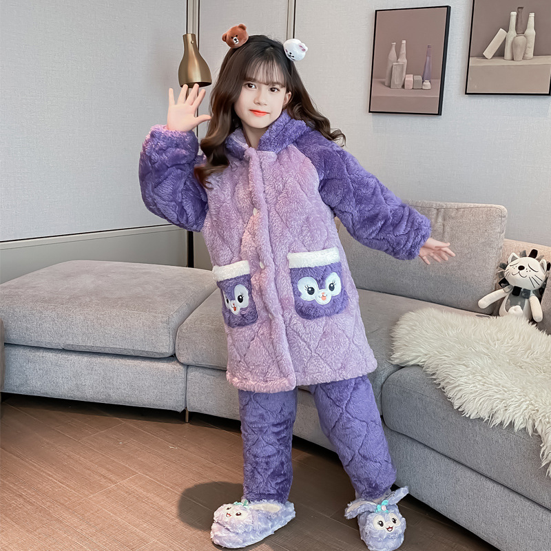 three-layer quilted thermal pajamas hooded tracksuit cute sweet girls‘ pajamas suit 2023 late winter new