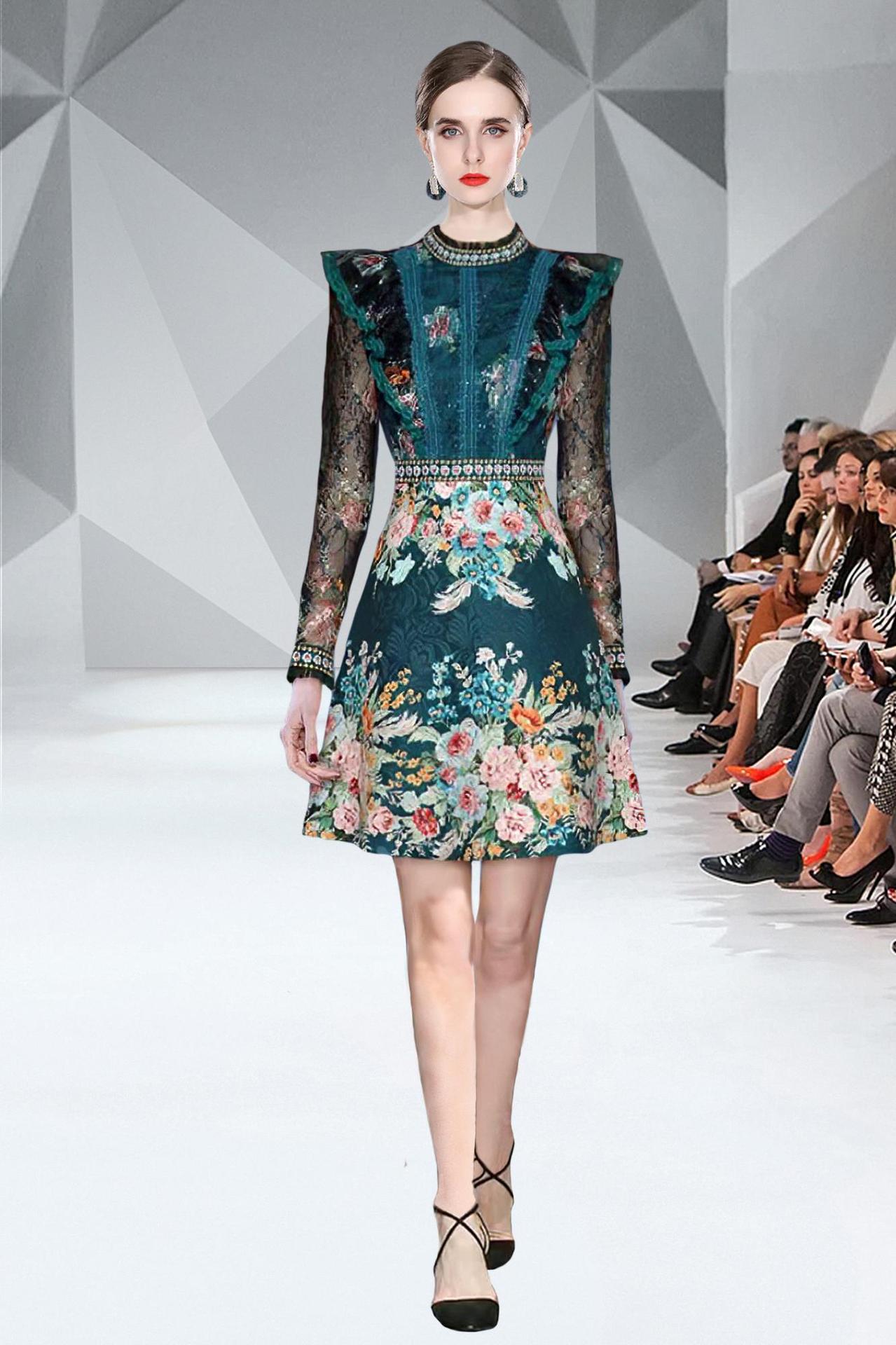 新款气质名媛蕾丝拼接钉珠连衣裙 时尚镂空收腰裙子