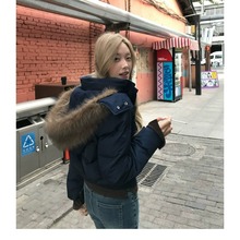 南区菲奥娜藏青连帽毛领棉服外套女冬季新款短款羽绒棉服