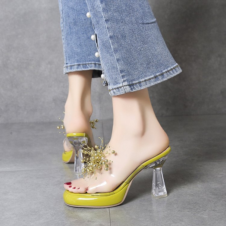 大码水钻透明跟防水台高跟凉拖2024夏季新款女凉鞋厚底一字拖鞋女