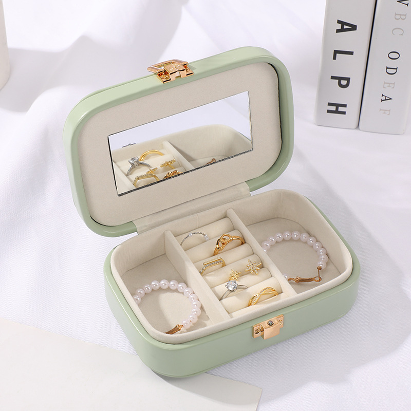 Cute and Compact Multi-Grid with Mirror Jewelry Box Small Portable Jewelry Box PU Leather Candy Multi-Color Jewelry Storage Box