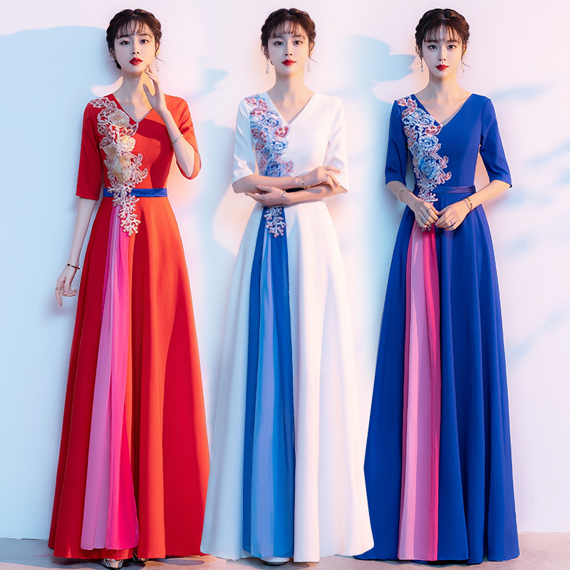 大合唱团演出服女长裙气质红歌合唱队成人指挥服装主持红色晚礼服