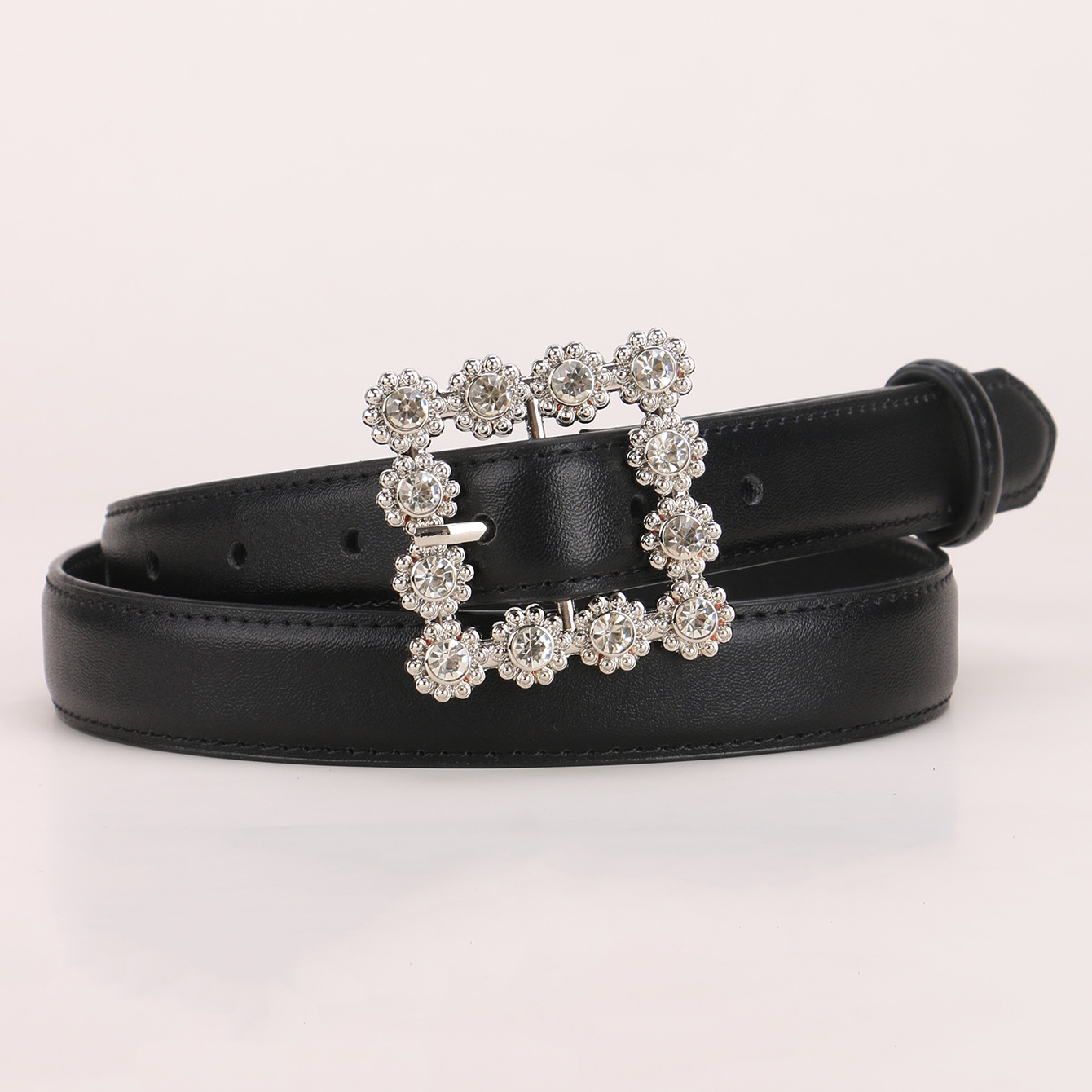 欧美外贸真牛皮细腰带女款装饰百搭高级感时尚方形水钻扣皮带跨境