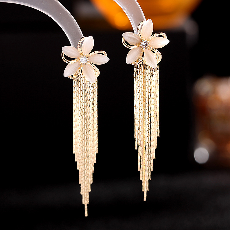 韩国东大门耳饰长款金色流苏时尚两戴耳坠925银针猫眼石花朵耳环