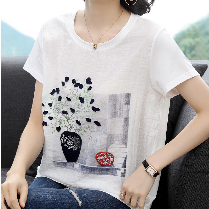 Women's Cotton Short-Sleeved T-shirt 2023 Summer New Women's Large Size White Belly-Covering Printed Middle-Aged Mom Wear