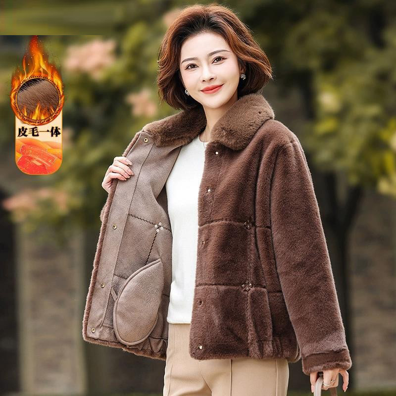 2023中年妈妈气质皮毛一体貂绒外套中老年女装秋冬装贵妇人上衣服