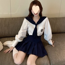 设计感小众韩式制服学院风海军领长袖水手服高腰百褶裙两件套装