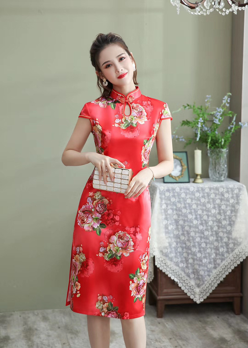 断码处理中长款丝绸旗袍单层 修身显瘦少女连衣裙显瘦礼仪日常
