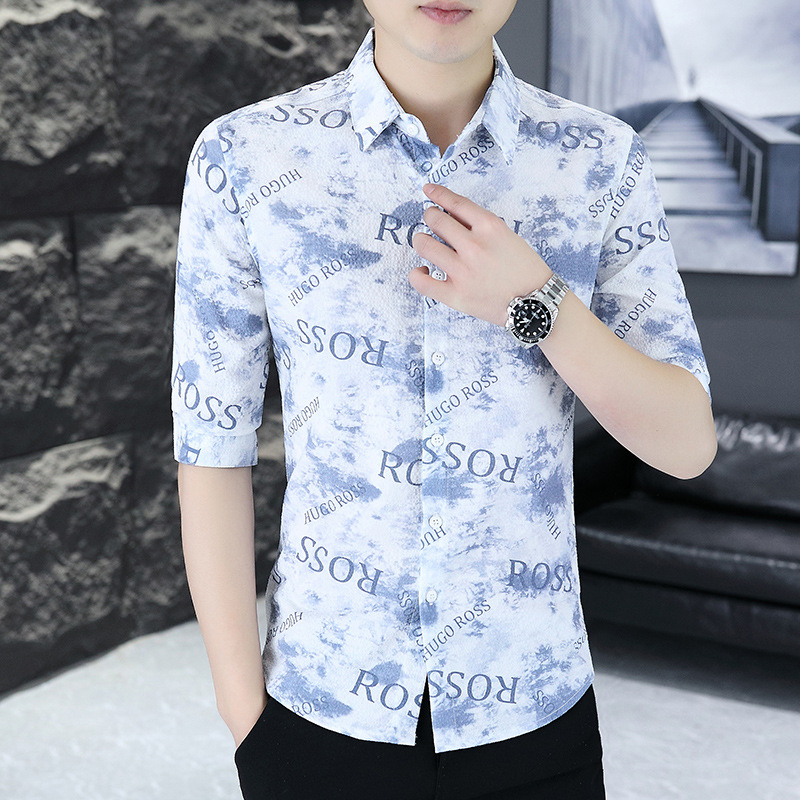 夏季韩版修身中袖衬衫男装商务休闲潮流英伦发型师衬衣男士高级感
