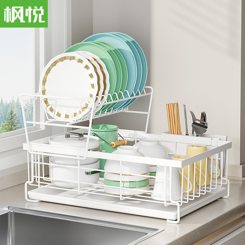 household iron double-layer draining plate rack amazon cross-border kitchen dish storage rack chopsticks tableware storage rack