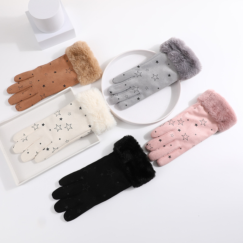 Star Printed Suede Gloves Female Warm-Keeping and Cold-Proof Cycling Gloves Velvet Lined Windproof Winter Gloves Dacron Gloves Wholesale