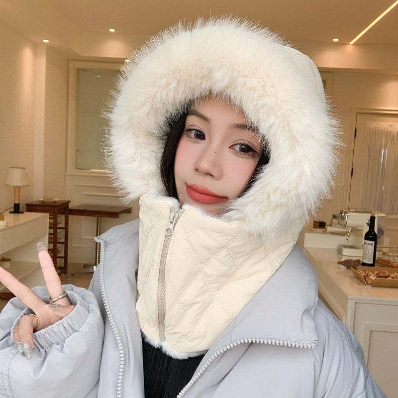 冬季保暖帽子女加绒加厚围脖雷锋帽户外骑行防风寒护耳拉链套头帽