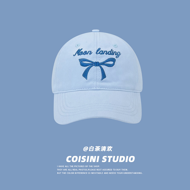 日系小清新蓝色字母蝴蝶结刺绣鸭舌帽子女夏季百搭遮阳防晒棒球帽