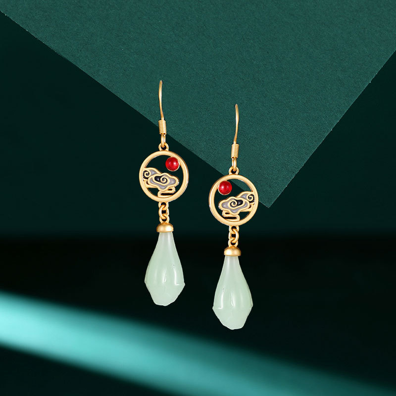 国风复古仿玉石水滴耳环旗袍长款流苏耳饰批发汉服中式古风耳坠女