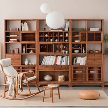 实木书柜新中式老榆木书架客厅整墙展示柜书房家用置物柜学校定制