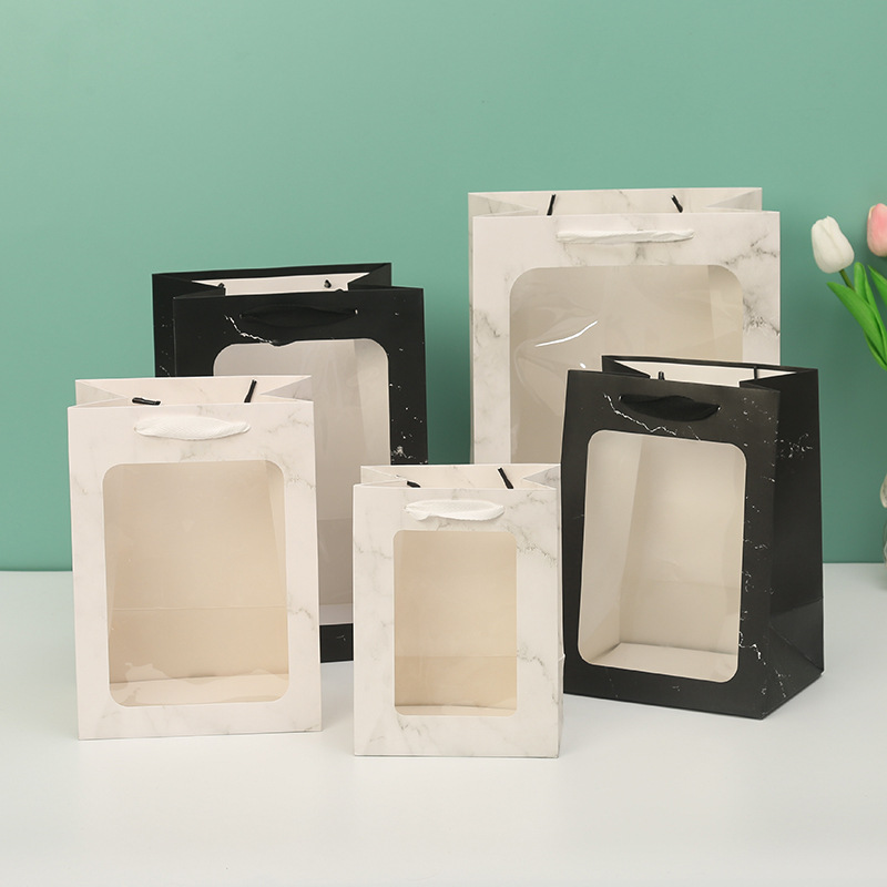 Transparent Marble Window Gift Bag Valentine's Day Gift Bag for Girlfriend Packaging Hand Gift Window Handbag