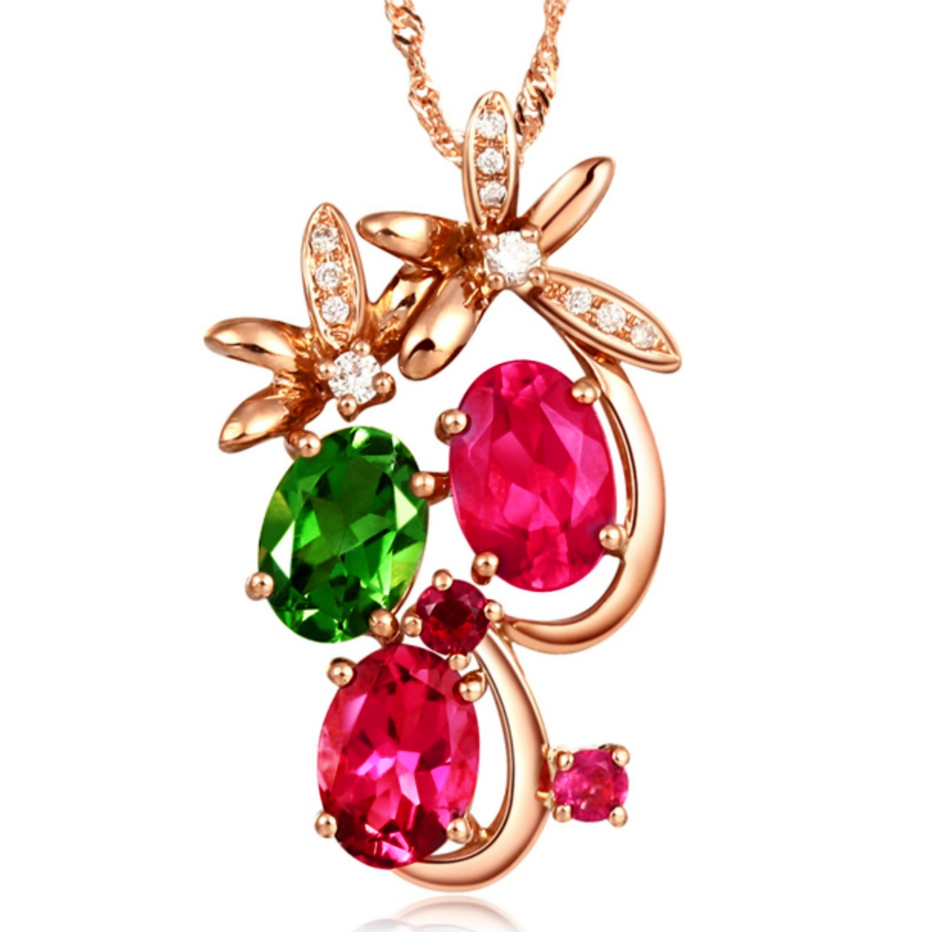 气质仿天然石红色绿色碧玺吊坠 镀18k金花朵项坠彩色宝石项坠项链
