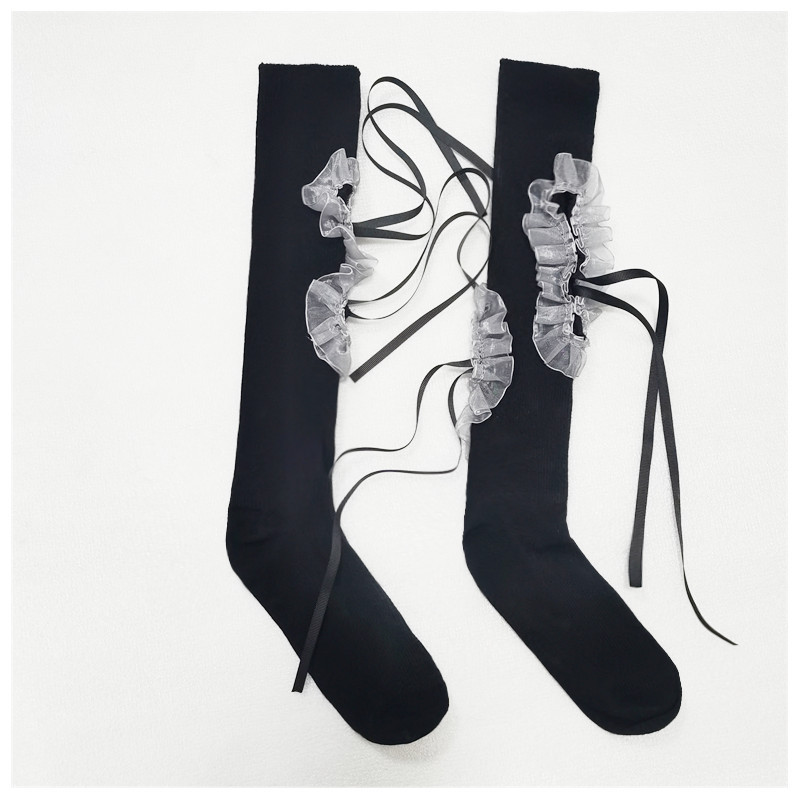 Youth Japanese JK Socks Combed Cotton Black Calf Socks White Lace Bow Bandage Mid-Calf Length and Knee High Socks