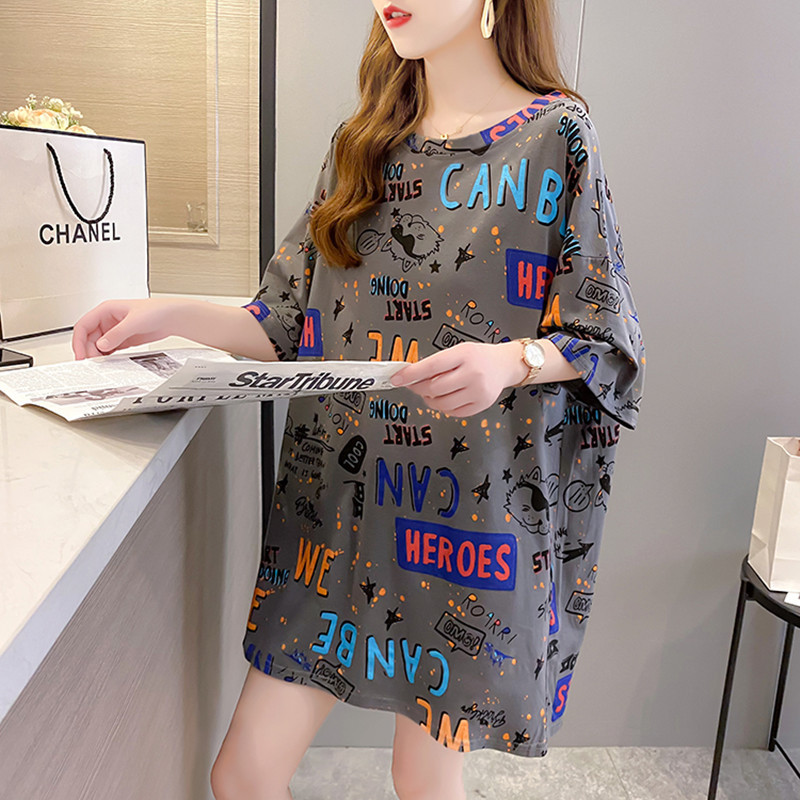 2023 New Style Loose plus Size Women's Clothing Large Size T-shirt Women's Short Sleeve Slimming Mid-Length Summer Korean Style Printed Top