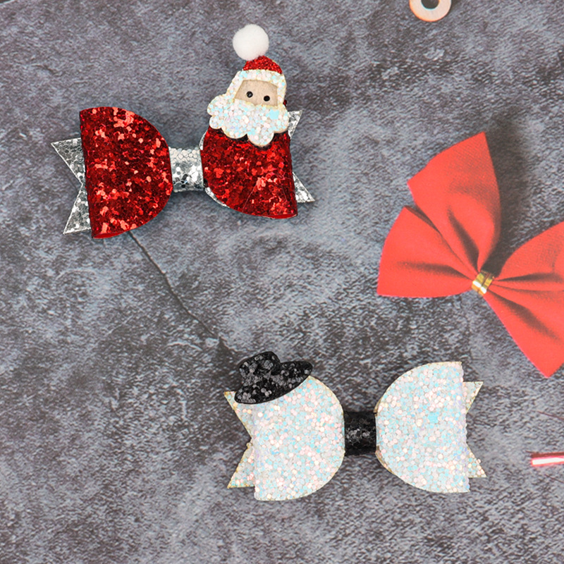 cross-border hot selling european and american style christmas children‘s ornaments ins glittering powder bow baby barrettes girls‘ accessories material