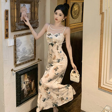 1475跨境外贸女装批发东南亚时尚复古水墨花丝绒珍珠吊带连衣裙女