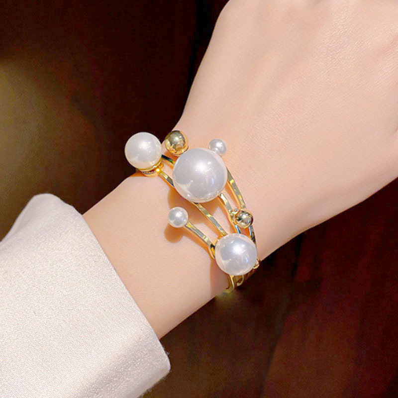 潮流网红ins风小众设计夸张多层金属珍珠开口戒指手镯女 气质套装