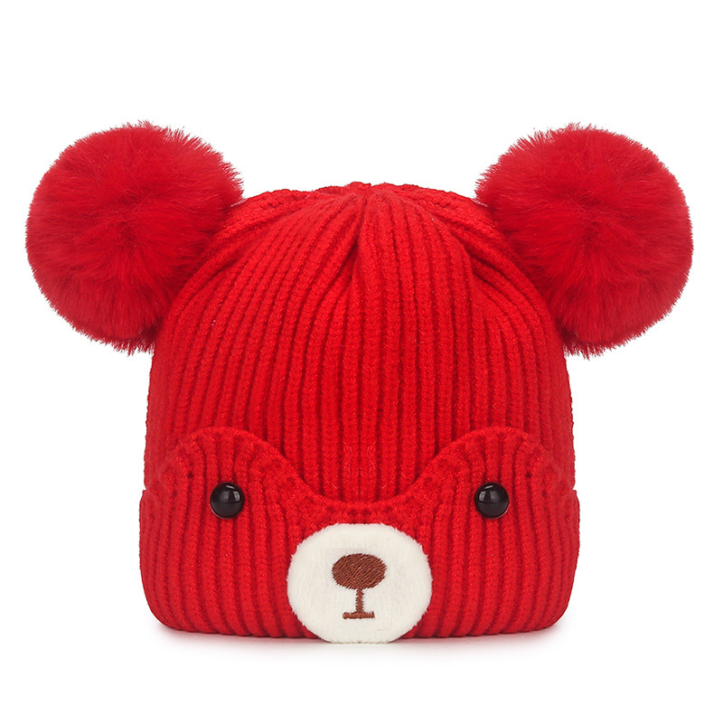 Children's Hat Autumn and Winter Korean Cute Bear Fur Ball Knitted Hat Infant Female and Male Baby Earflaps Woolen Hat