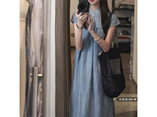 新中式国风蓝色短袖旗袍裙女夏季新款温柔复古宽松显瘦长款连衣裙