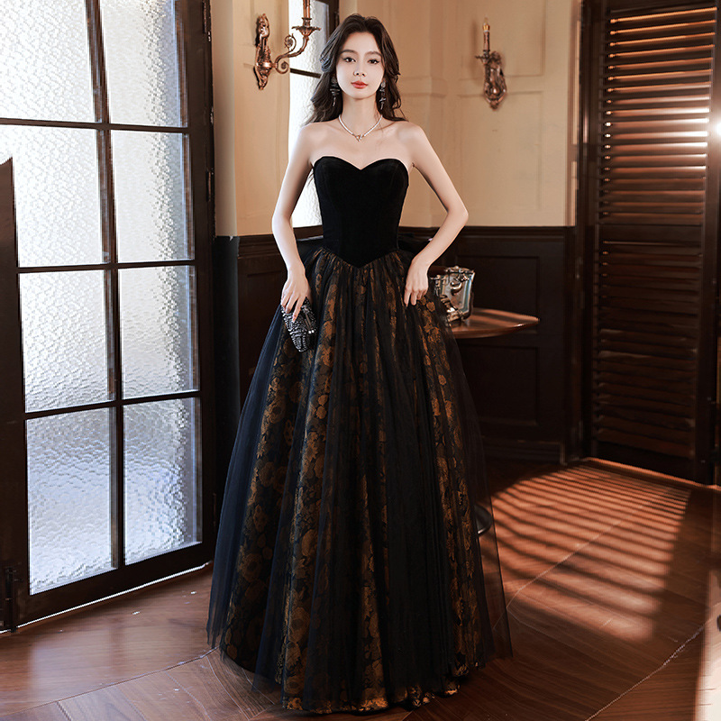 抹胸高端晚礼服裙高级感年会生日名媛主持人端庄艺考黑色连衣裙夏