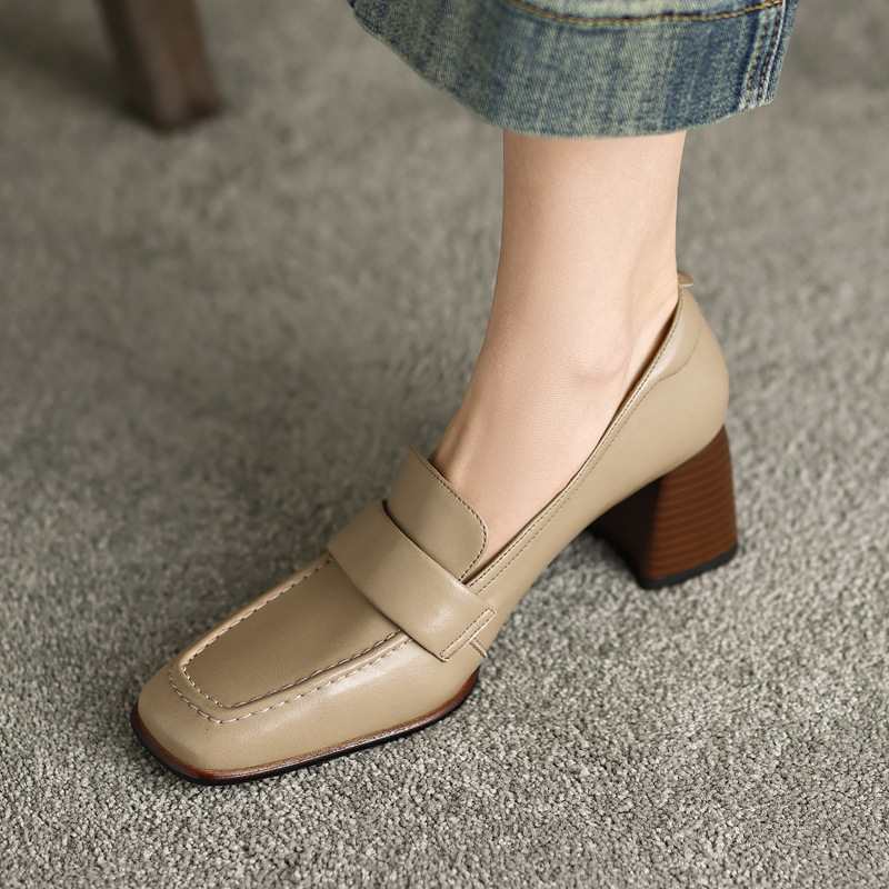 优雅通勤全皮乐福鞋2023早春新品木纹粗高跟方头小皮鞋深口单鞋女