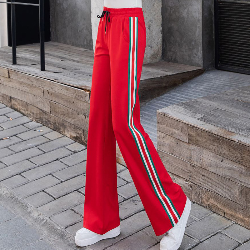 秋季新款红色运动裤女条纹高腰微喇显瘦休闲女士裤子广场舞时尚潮
