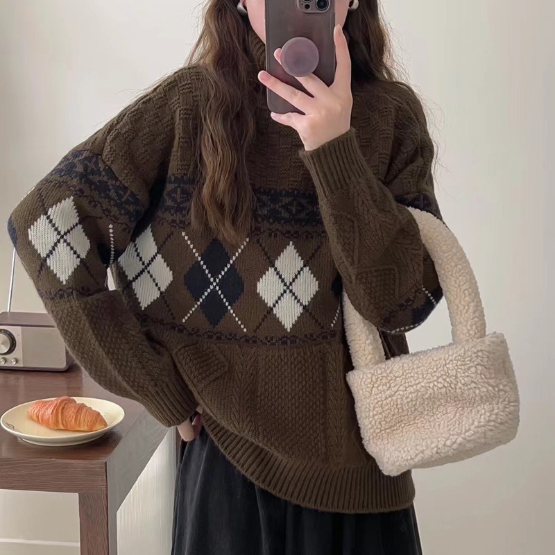 复古菱格提花高领套头毛衣女2023秋冬新款软糯慵懒宽松针织衫p146