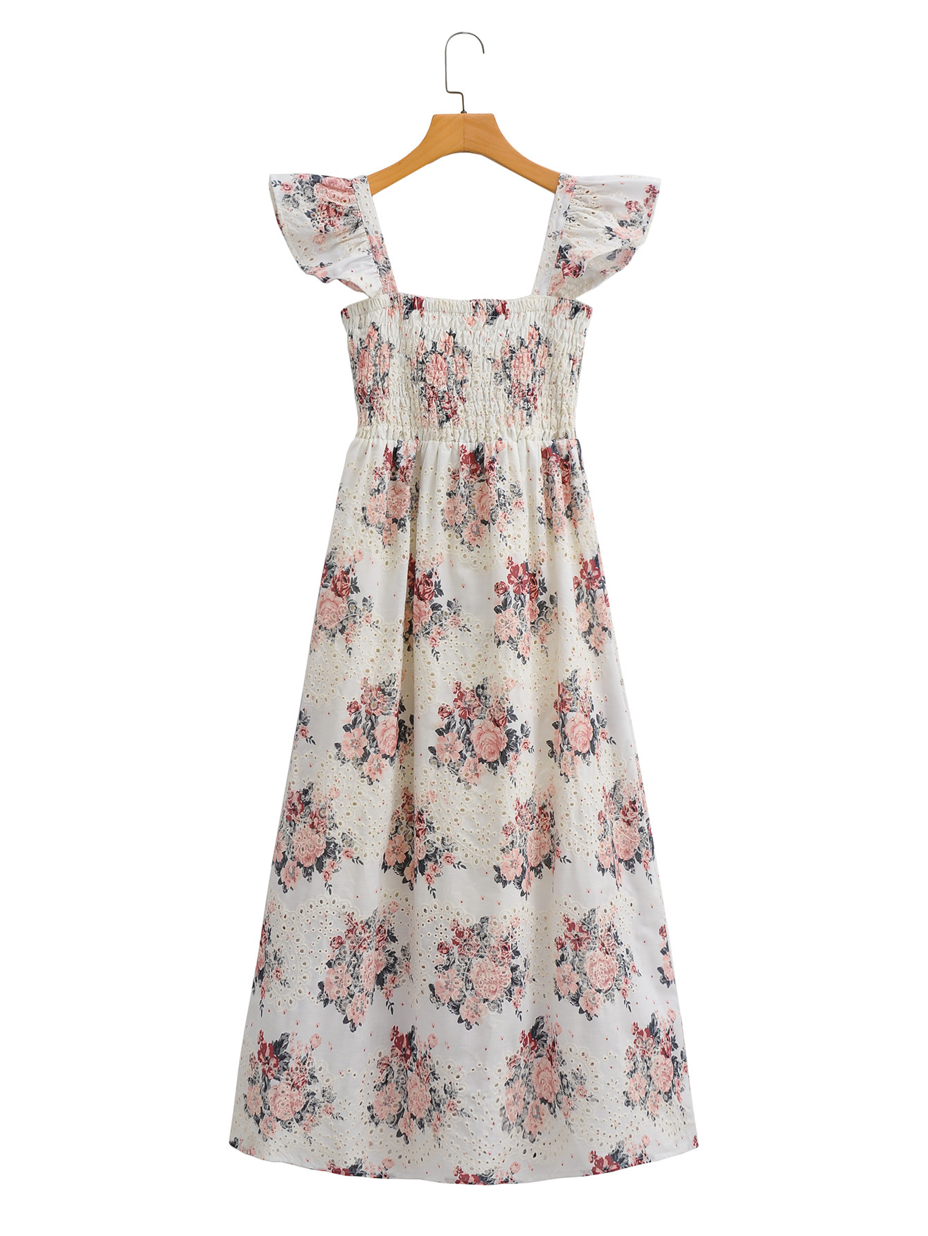 2022夏季ins女装白底刺绣粉花朵背带连衣裙