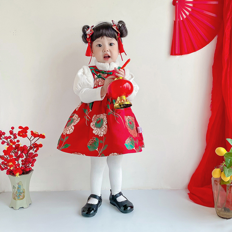 童装女童连衣裙中国风加绒女宝宝背心裙子民族风复古女孩唐装裙子