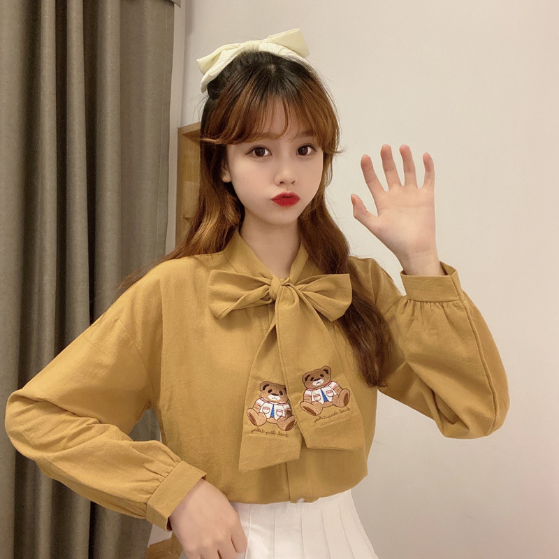 日系软妹学生少女风可爱童趣小熊刺绣蝴蝶结系带长袖衬衫女秋冬潮
