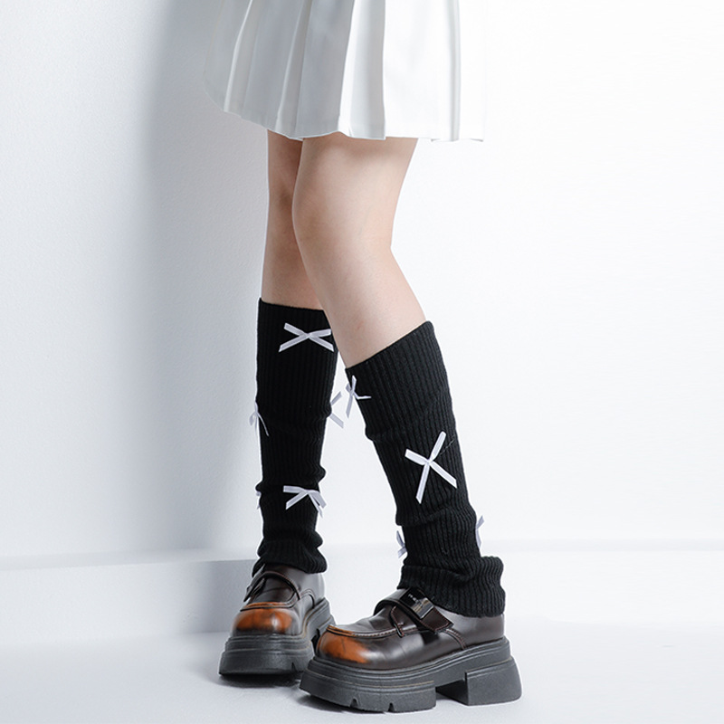 芭蕾风黑色蝴蝶结腿套针织黑丝带慵懒堆堆袜套y2k辣妹jk穿搭腿套
