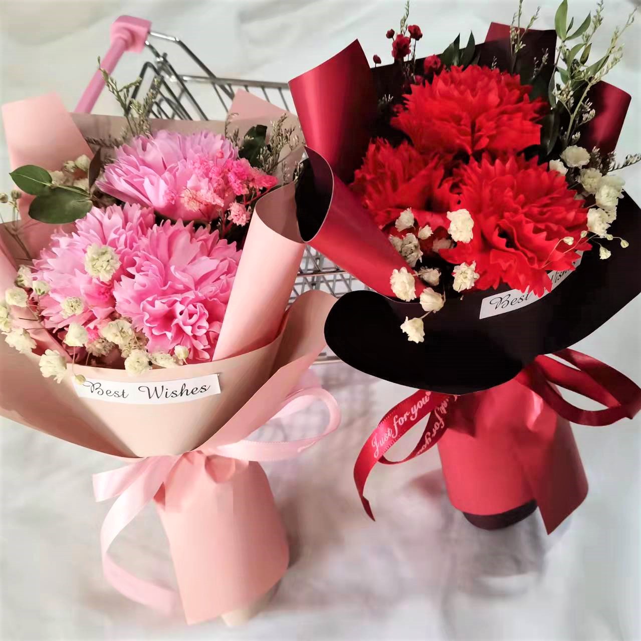 母亲节三朵康乃馨小花束香皂花干花仿真花束节日礼盒搭配花束