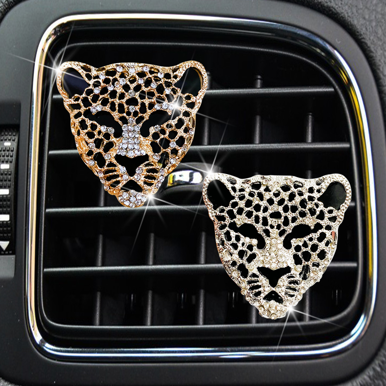 Metal Leopard Head Car Perfume Clip Alloy Rhinestone Leopard Head Car Perfume Clip Leopard Automobile Vent Perfume