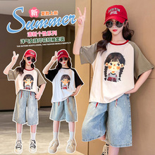 2024夏季新款女童套装夏装韩版洋气卡通拼色短袖上衣牛仔五分裤套