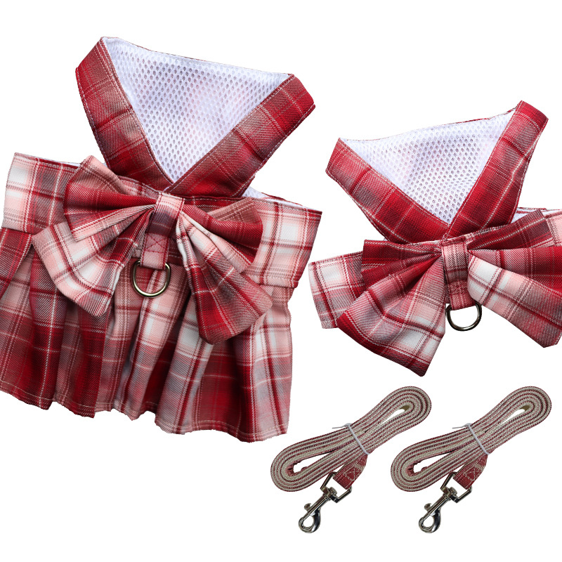 JK Tartan Skirt Chest Strap Pet Hand Holding Rope Dog Leash Cat Vest Clothes Teddy Hair Bucket Supplies Manufacturer