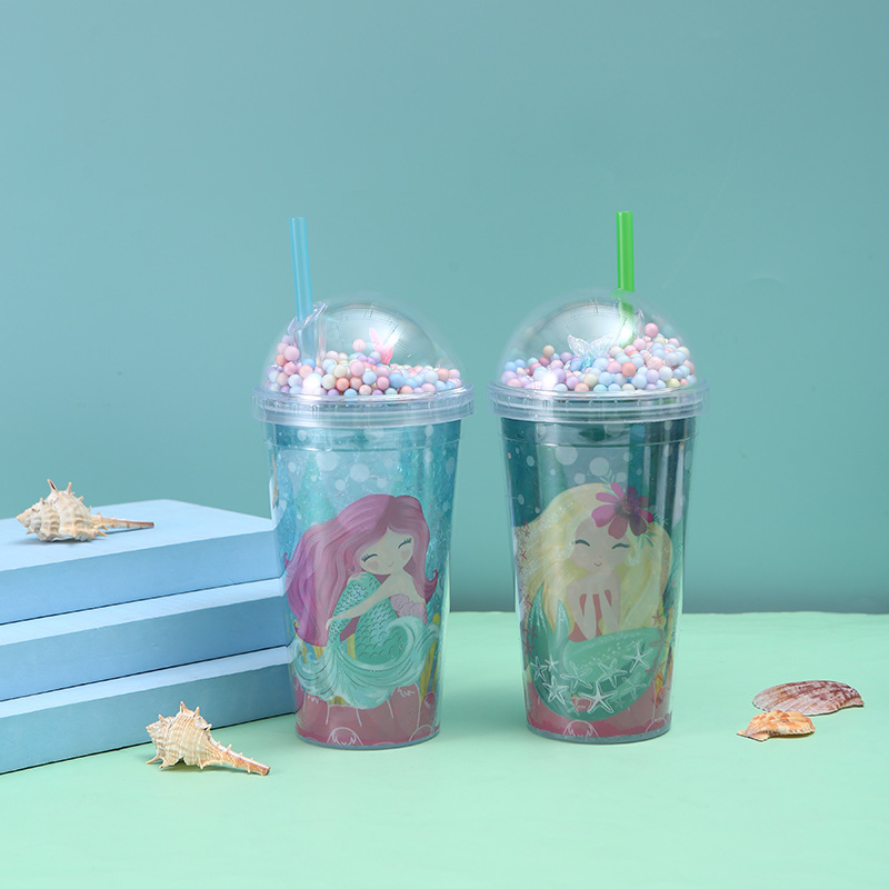 Good-looking New Mermaid Cup with Straw Summer Crushed Ice Cup Ice Cup Cute Girl Ice Cup Double-Layer Plastic Cup