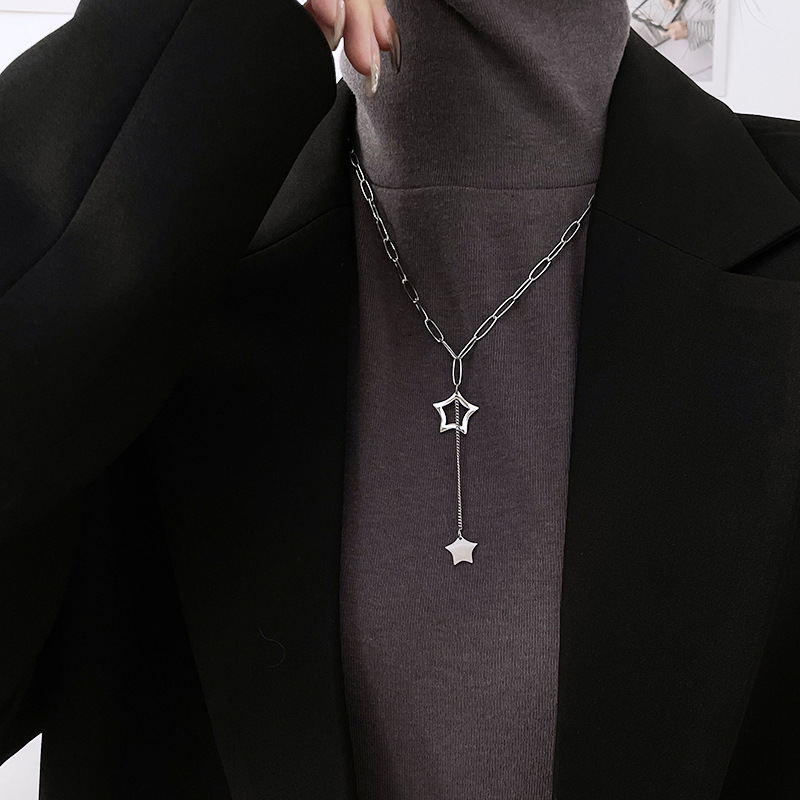 French Style Silver Hollow Stars Pendant Titanium Steel Tassel Star Necklace Fresh and Stylish Sweater Chain Niche Accessories