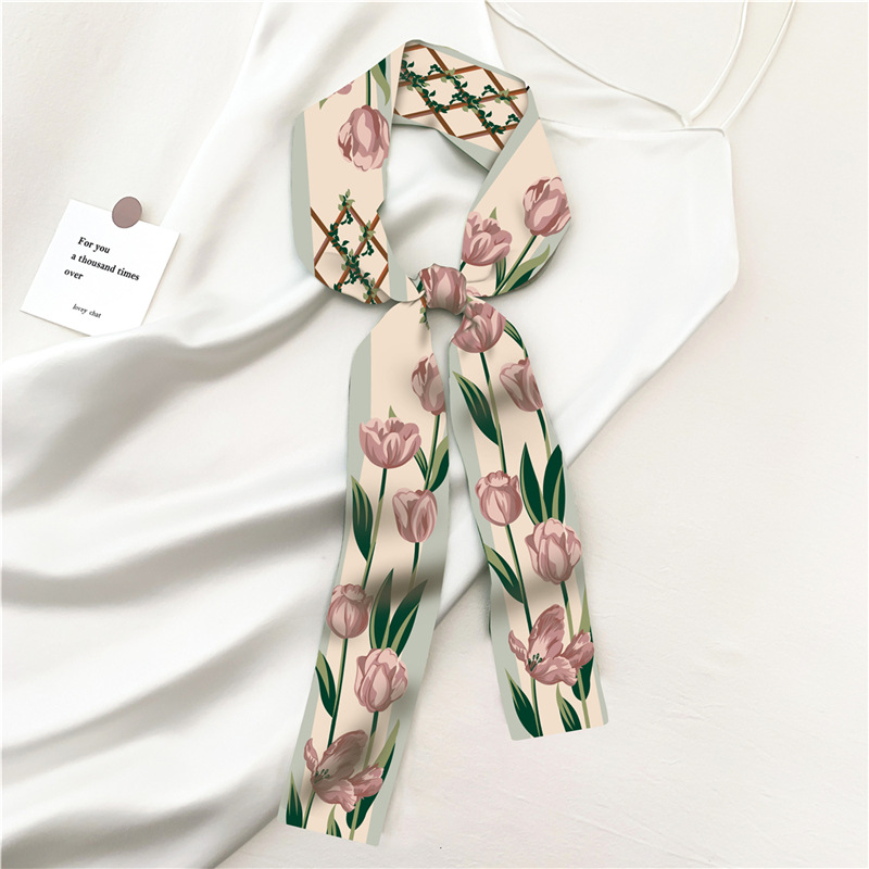 Korean Style Spring and Autumn New Exquisite French Tulip Hair Band Silk Scarf Women's Thin Narrow Strip Arm Bag Ribbon Professional Scarf